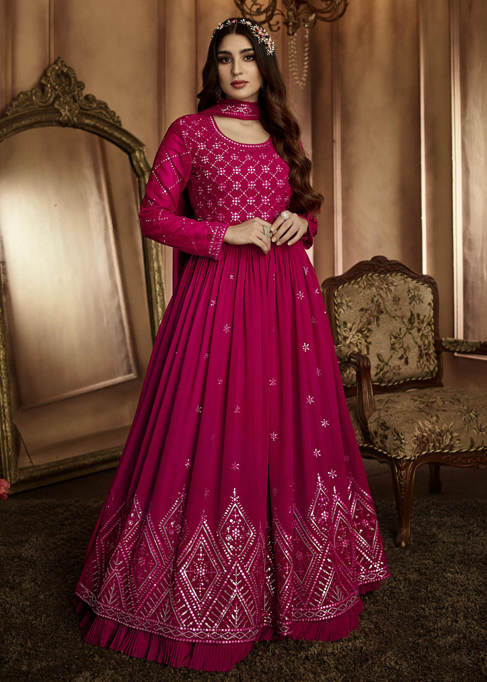 pink colour anarkali dress Pink Color Anarkali Gown With Faux Blooming Dupatta TANHAI