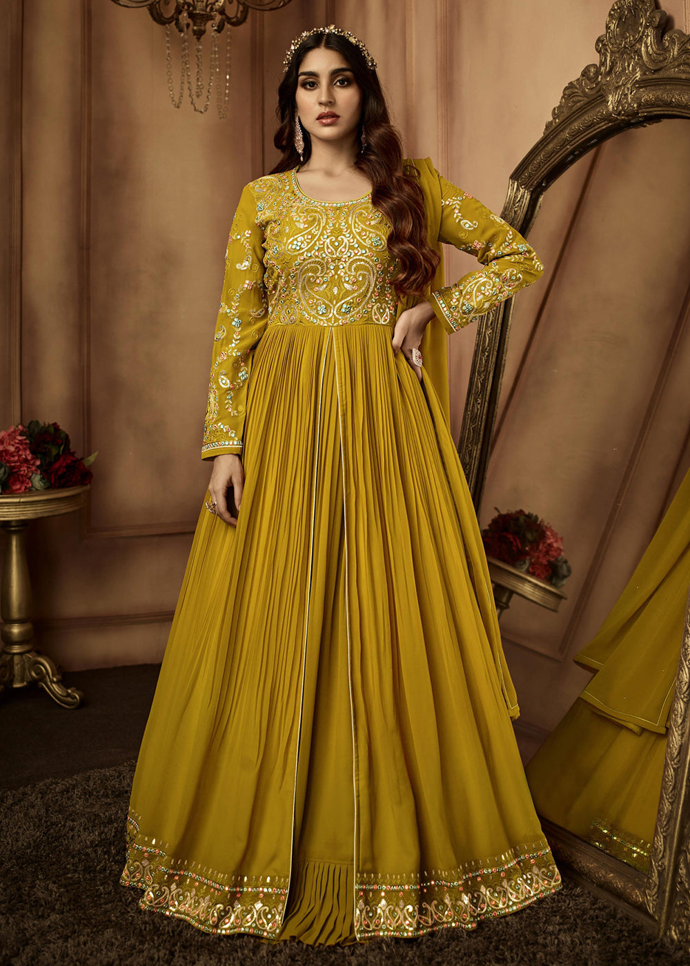 Buy Wedding Festive Anarkali Mustard Yellow Sequins Anarkali