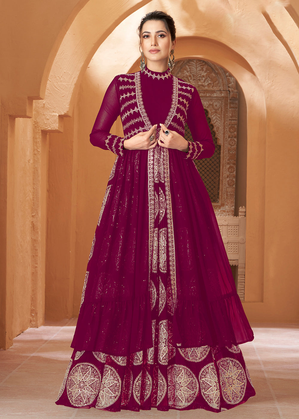 Jacket Style Dress - Party Wear Mesmeric Magenta Plum Anarkali Dress Jacket Style Dress - Party Wear Mesmeric Magenta Plum Anarkali Dress