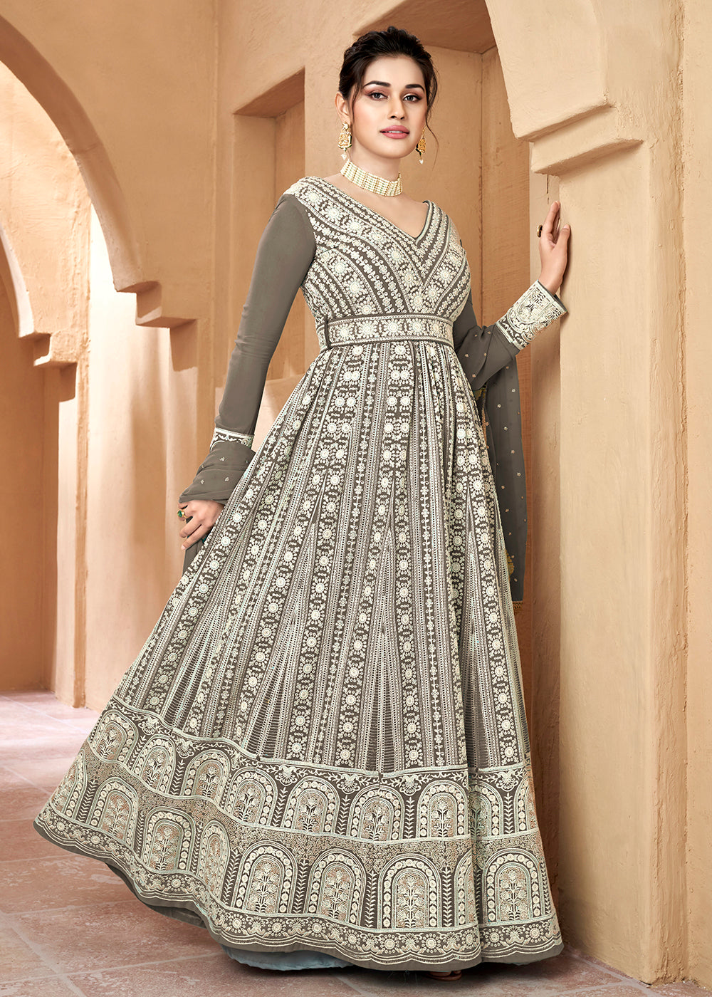 Shop Ethnic Anarkali Suit - Lucknowi Floor Length Anchor Grey Suit Empress Clothing Shop Ethnic Anarkali Suit - Lucknowi Floor Length Anchor Grey Suit Empress Clothing