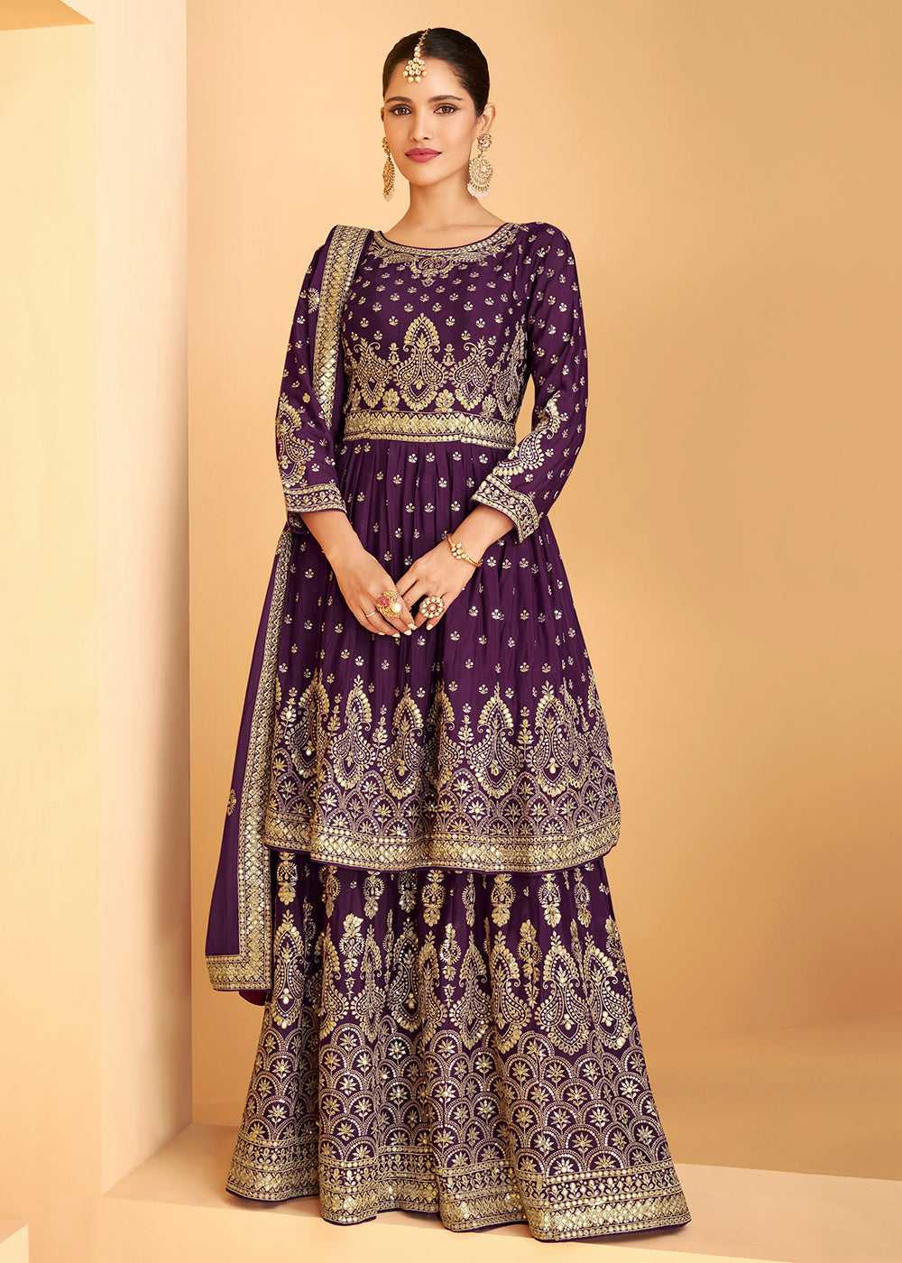 strapless open back dress Designer Purple Georgette Pakistani Style Sharara Suit