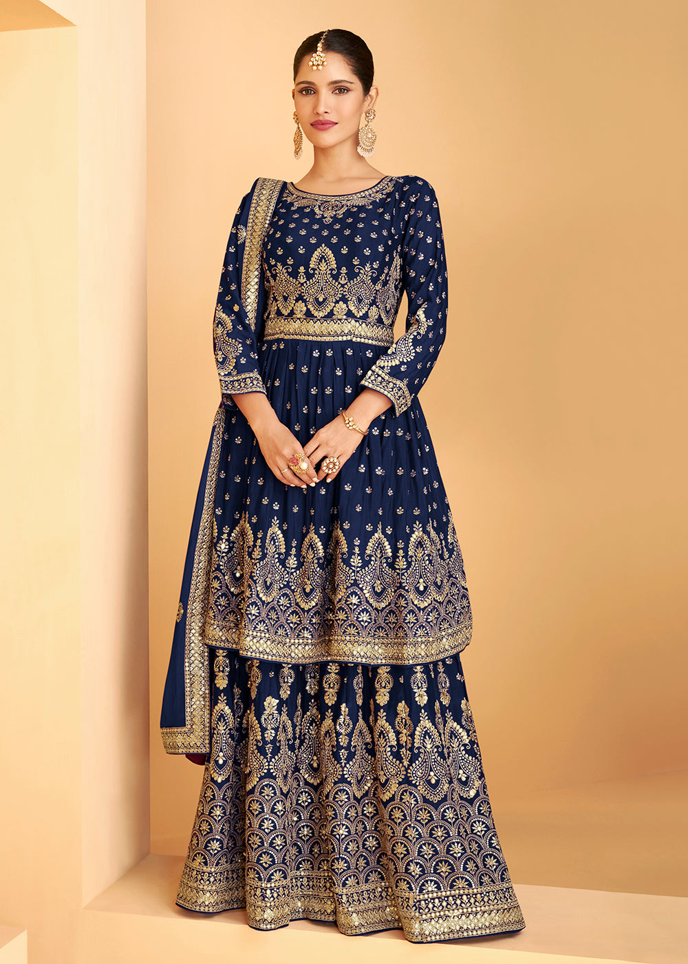 Designer Navy Blue Georgette Pakistani Style Sharara Suit