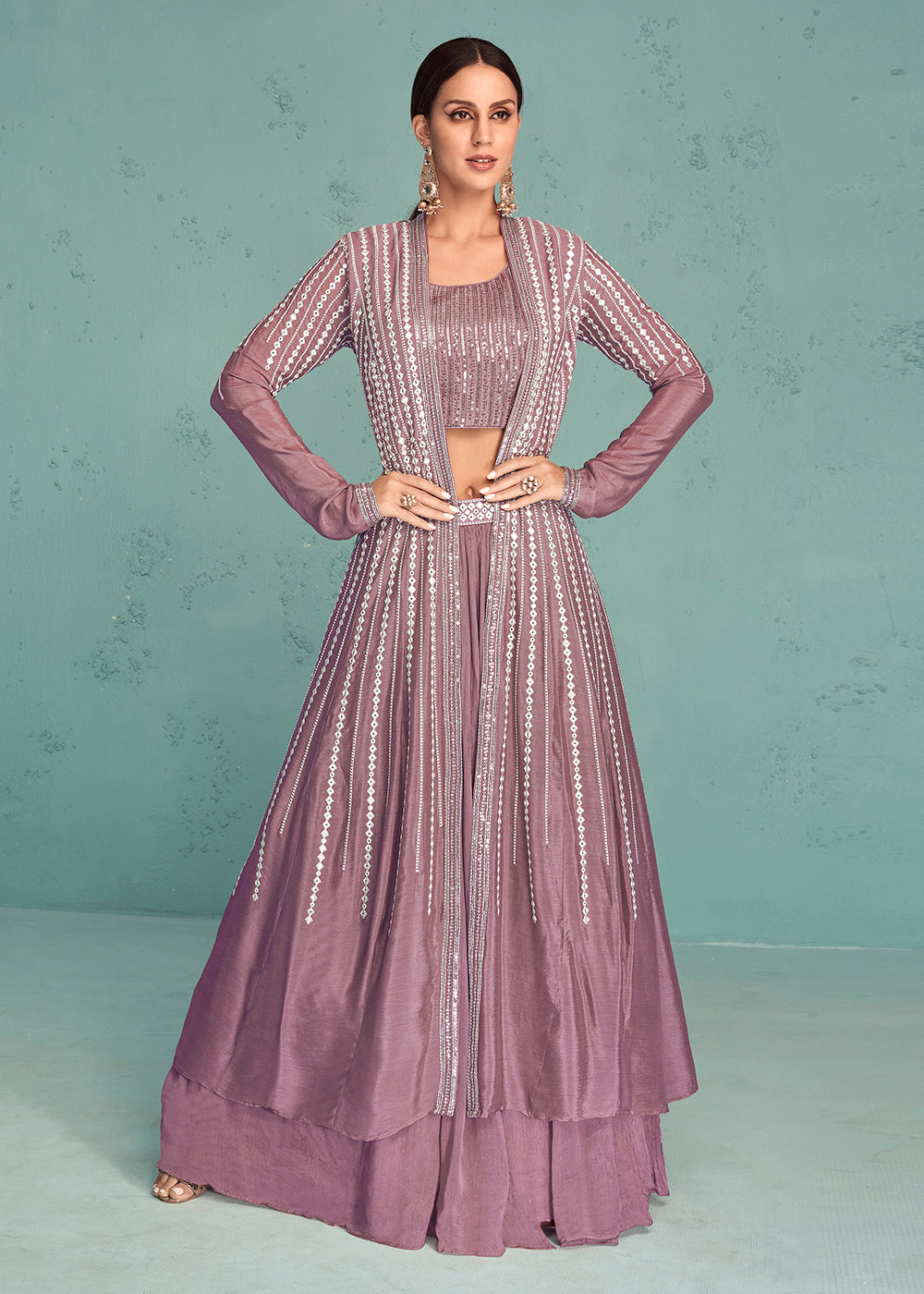 Buy Dusty Mauve Indo-Western Jacket Style Georgette Skirt Dress