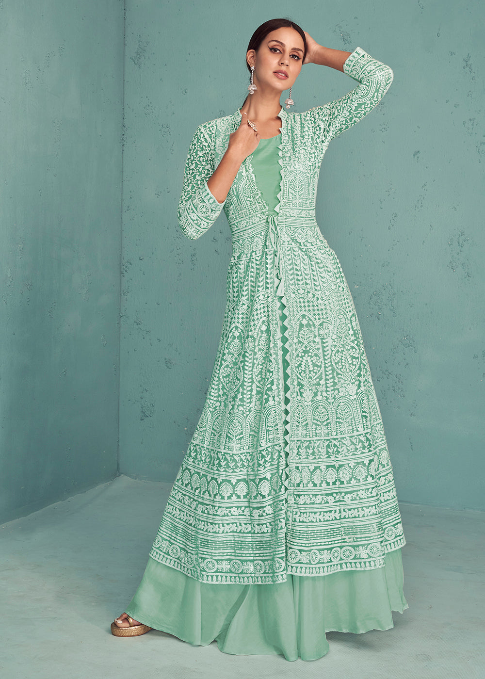 Indo Western Skirt Dress With Jacket Shop Aqua Blue Indo-Western