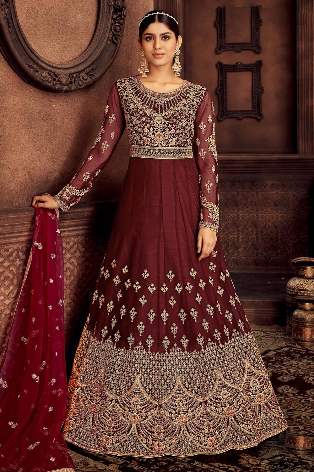 Blue Net Heavy Work & Embroidered Bridal Anarkali Gown main image 1