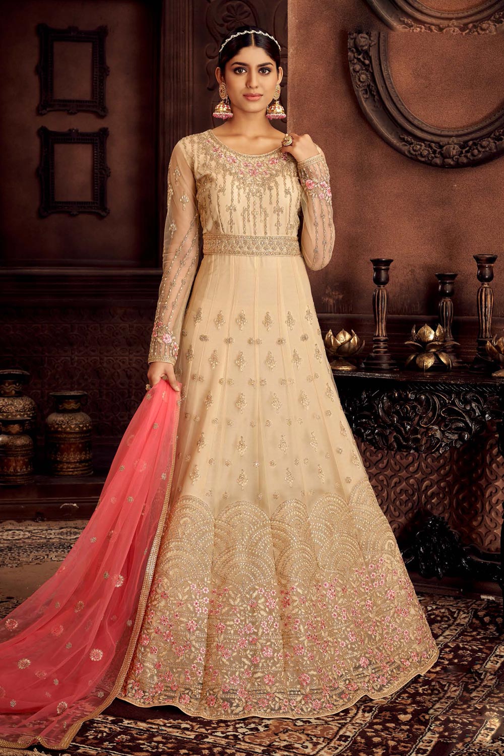 Buy Heavy Embroidered Cream Anarkali Net Bridal Anarkali Suit