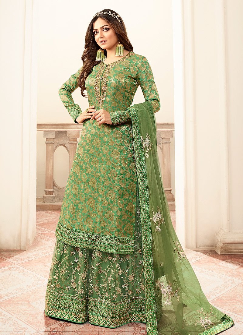 Dilettante Green Embroidered Designer Jacquard Sharara Suit Dilettante Green Embroidered Designer Jacquard Sharara Suit