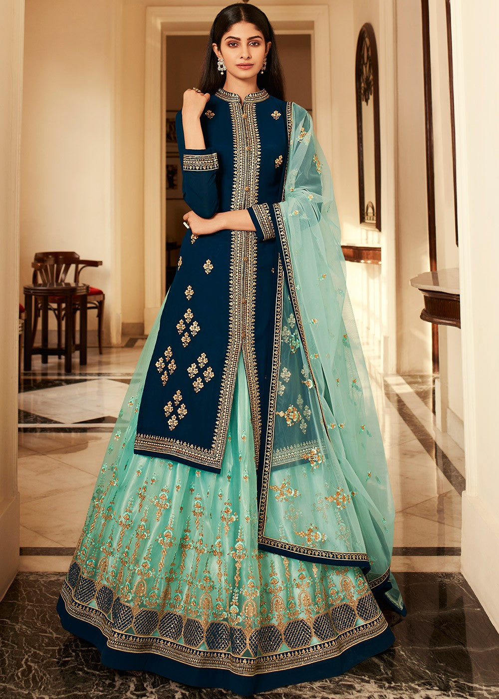 Buy Turquoise Blue Long Kurti Style Lehenga Embroidered Lehenga