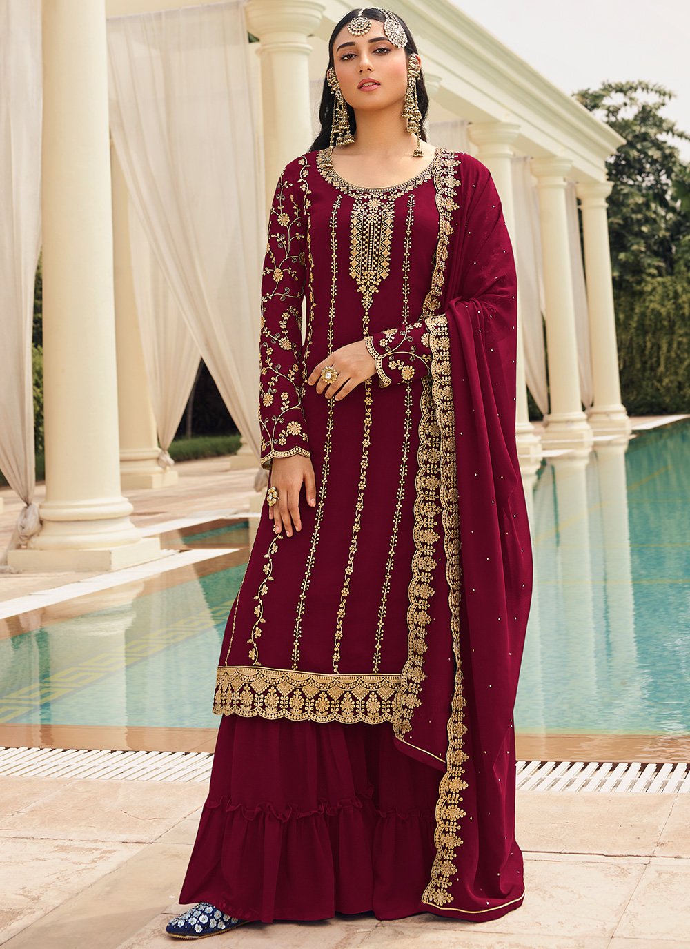 Buy Maroon & Gold Embroidered Sharara - Sequins Sharara Suit Empress Clothing Buy Maroon & Gold Embroidered Sharara - Sequins Sharara Suit Empress Clothing
