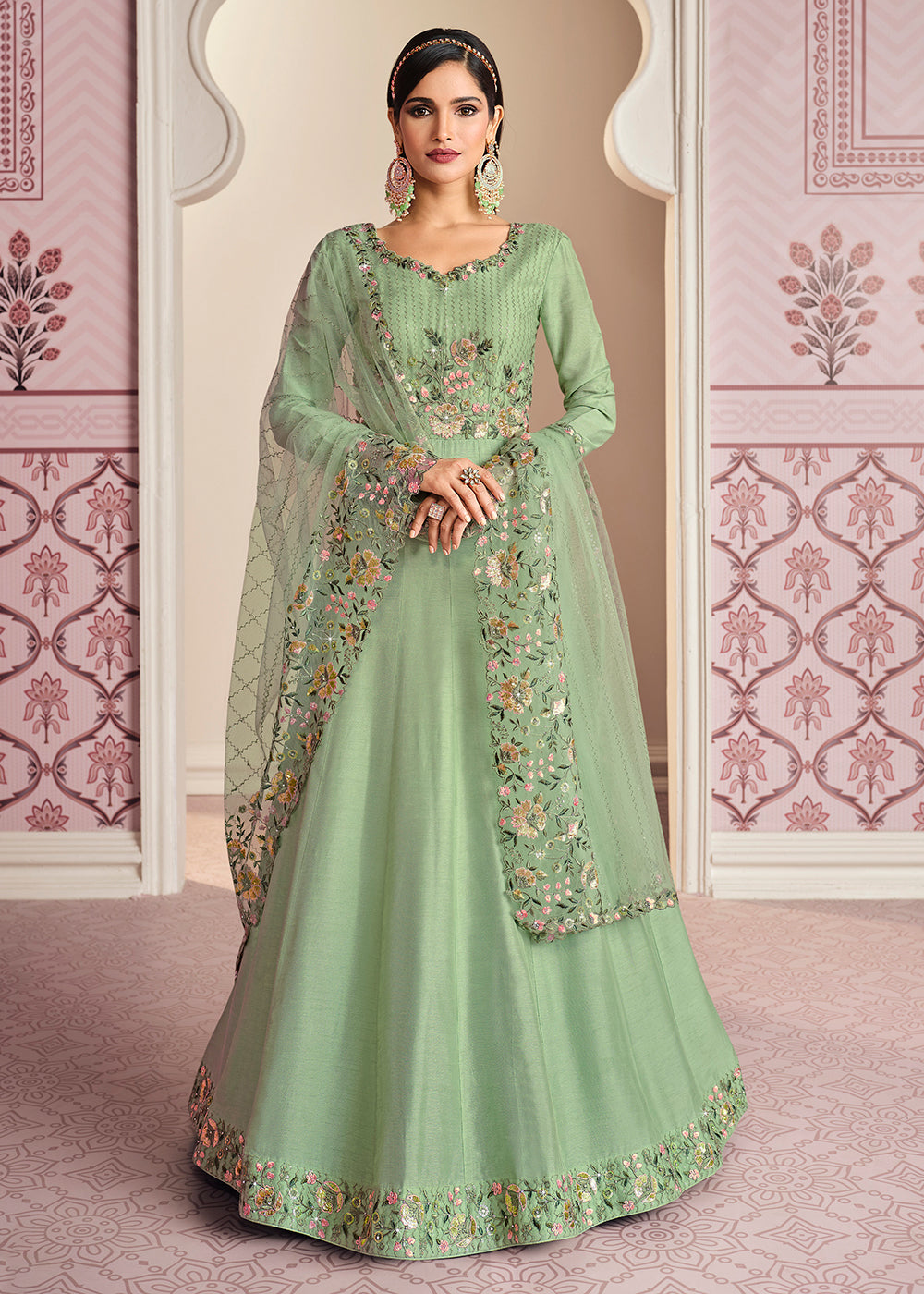 Pastel Green Art Silk Fabric Indian Embroidered Anarkali Suit Pastel Green Art Silk Fabric Indian Embroidered Anarkali Suit
