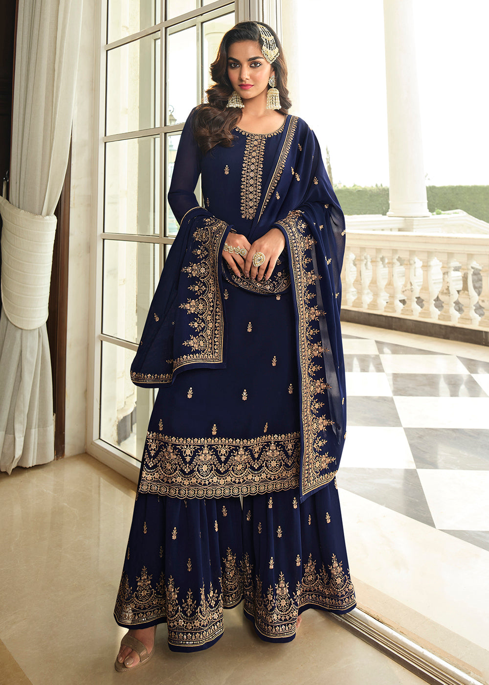 navy blue and gold pakistani dress Our new formal arrival., Beauty in navy blue cotton net along with gold and antique hand embalished including kamdani all over the gown., @mohsinboutiqueofficial , For detail and queries contact us on