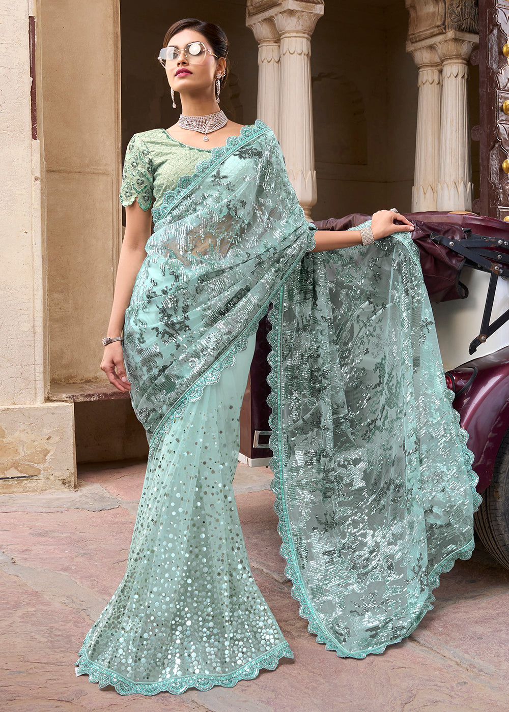 Womens Georgette Green Sequins Ethnic Saree Party Wear Fancy Sparkle Sari  Blouse 