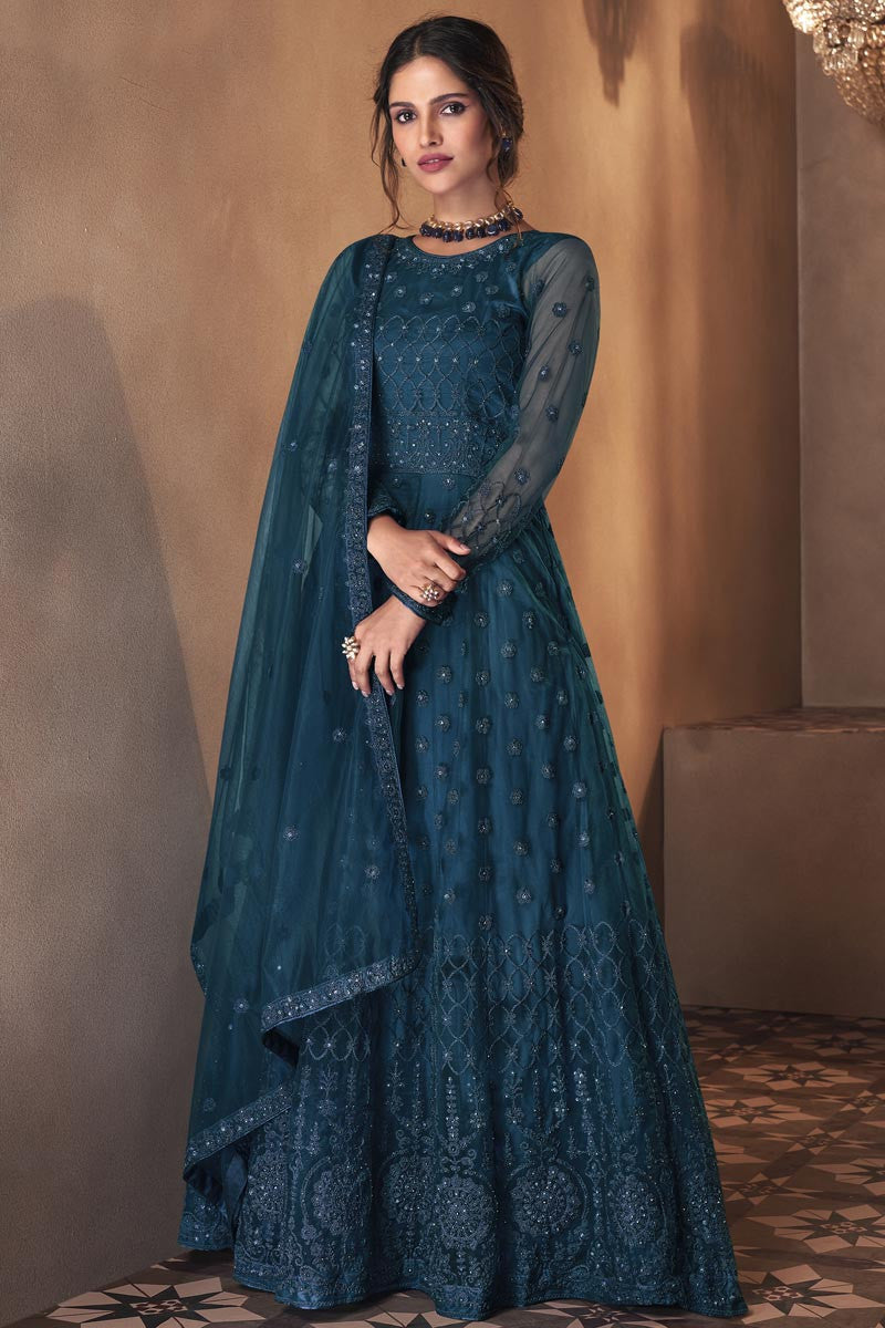 Buy Teal Blue Wedding Anarkali Embroidered Anarkali Suit - Main Image