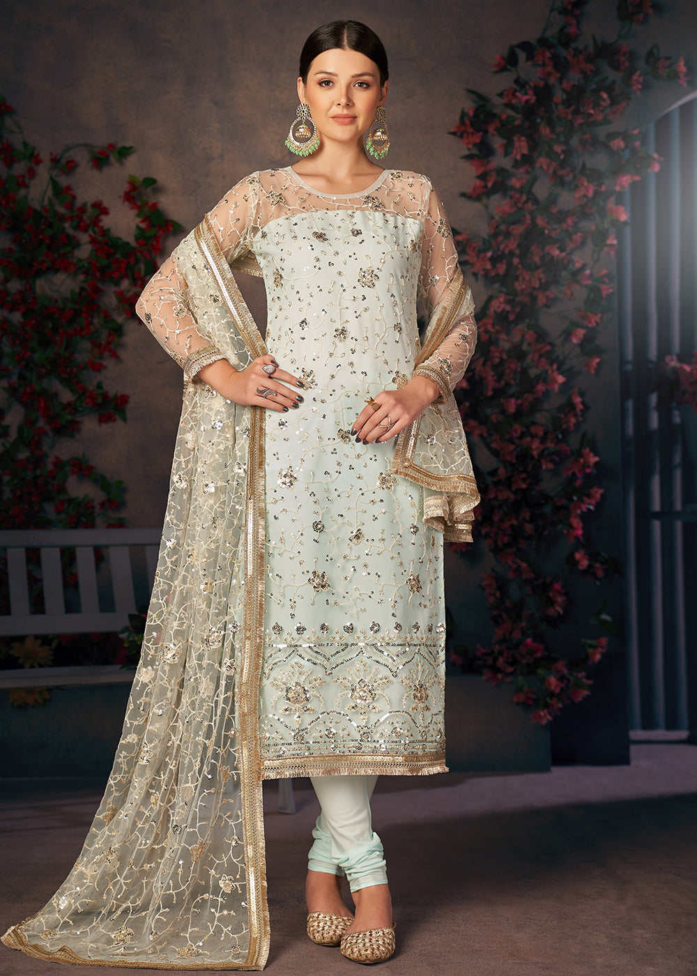 Buy Light Sea Green All Over Thread Work Suit Net Churidar Suit