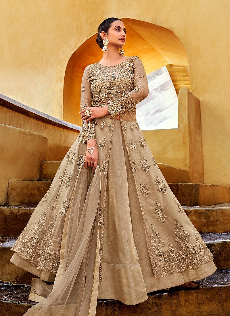 Buy Slit Style Golden Beige Anarkali Lehenga/Pant Style Anarkali