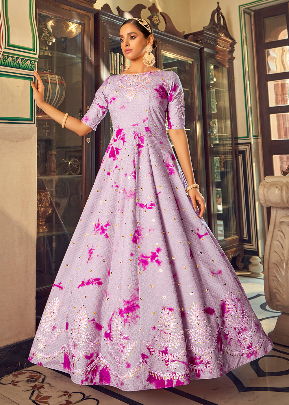Buy Floor Length Cotton Gown - Purple Shibori Print Embroidered Gown Buy Floor Length Cotton Gown - Purple Shibori Print Embroidered Gown
