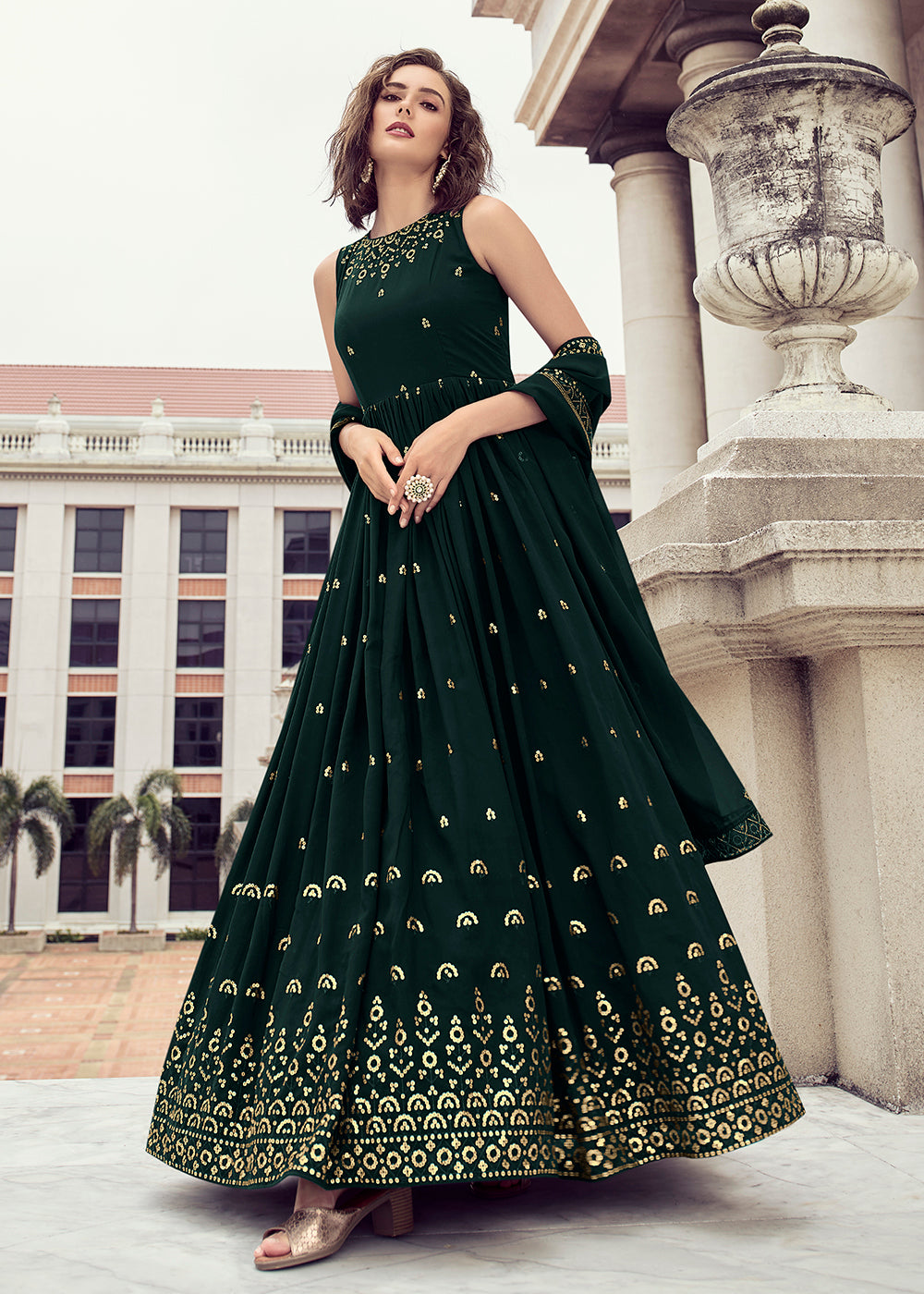 Buy Wedding Party Gown - Bottle Green Georgette Thread & Sequins