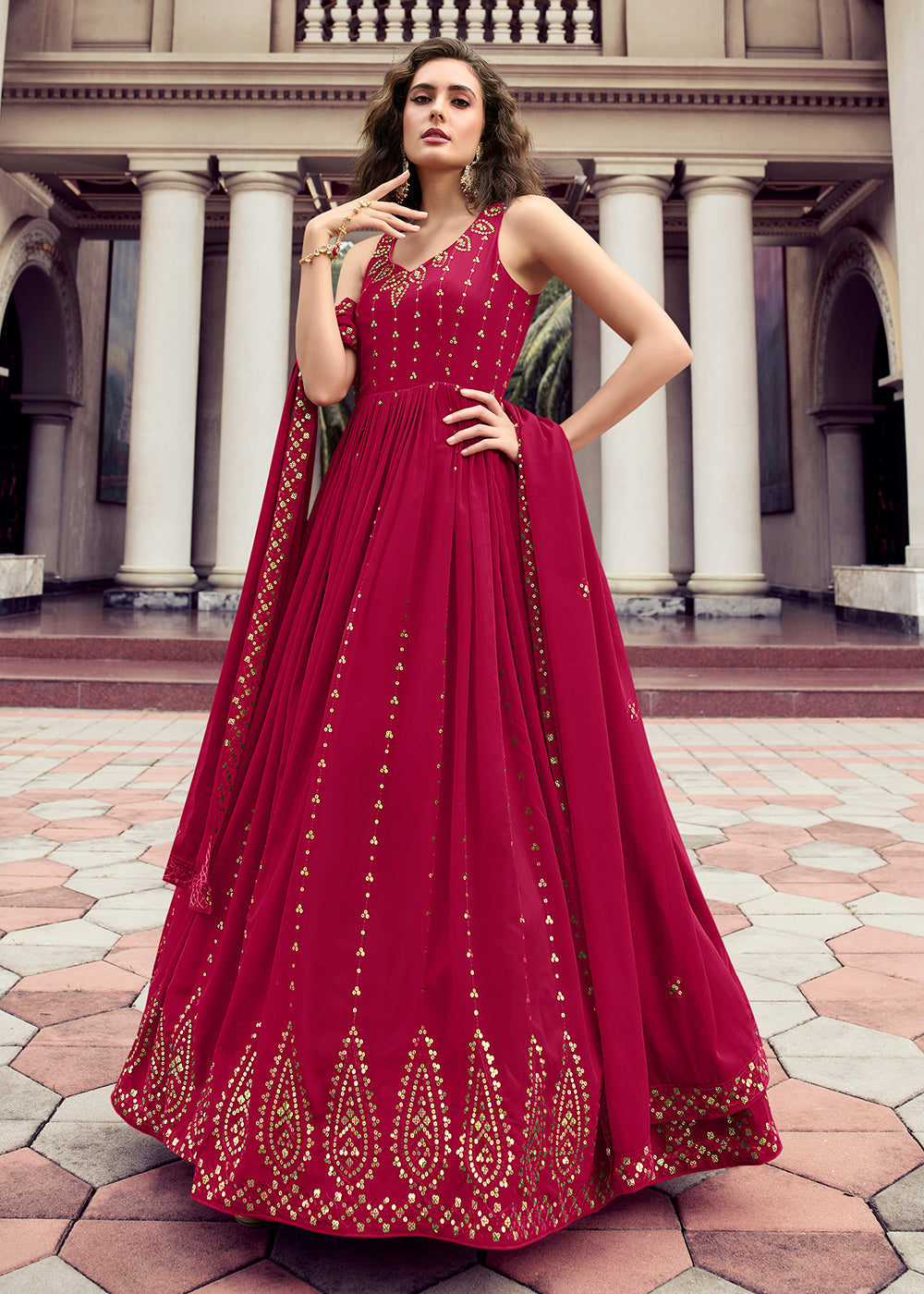 Buy Wedding Party Gown Rani Pink Georgette Thread Sequins Gown