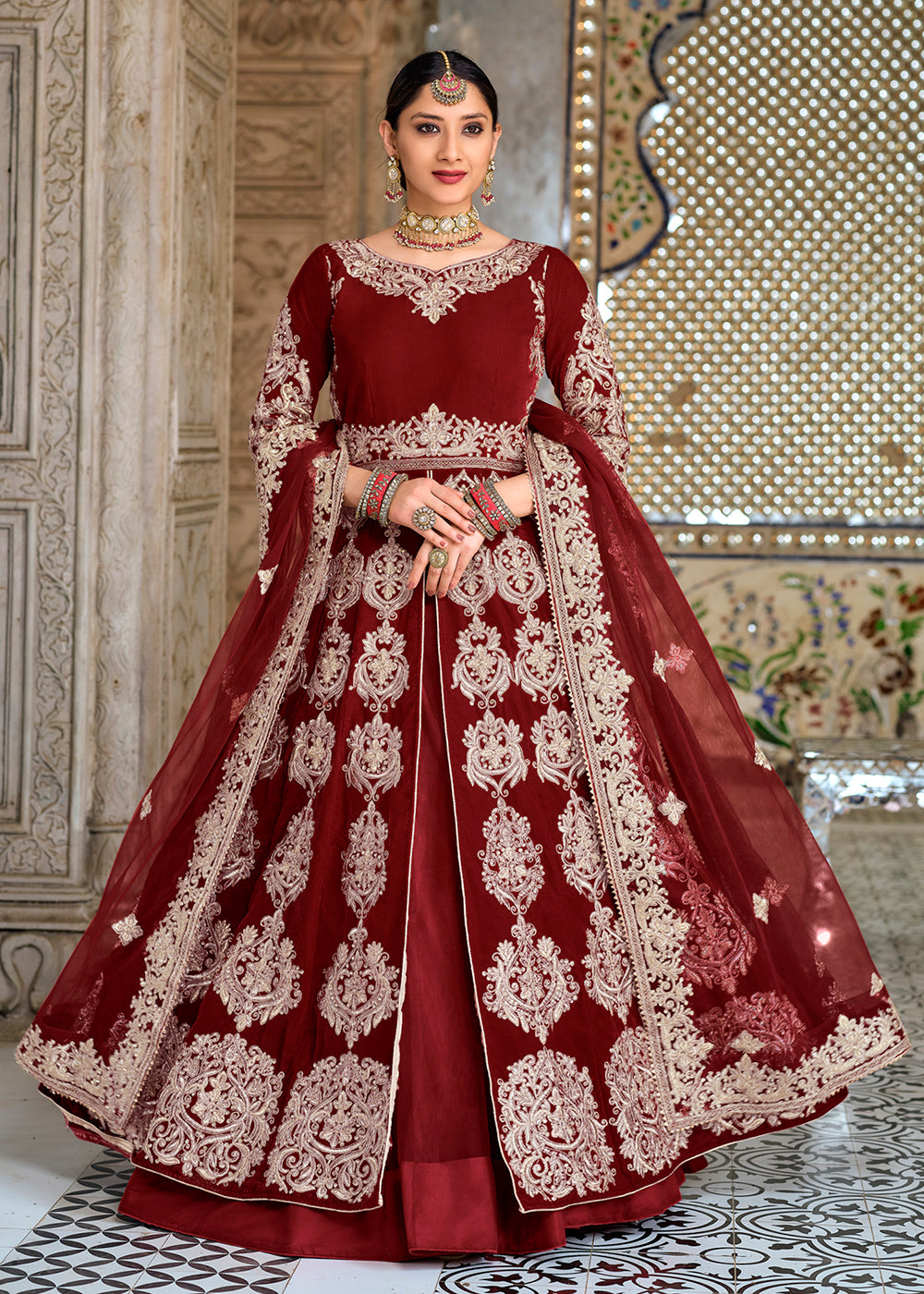 Wedding Velvet Lehenga Designer Luminous Maroon Front Slit