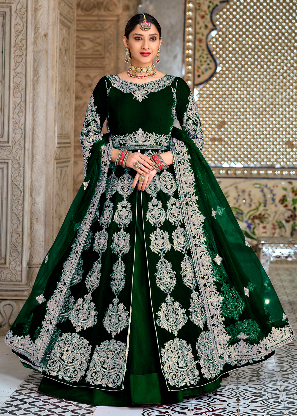 Wedding Velvet Lehenga Designer Wondrous Green Front Slit
