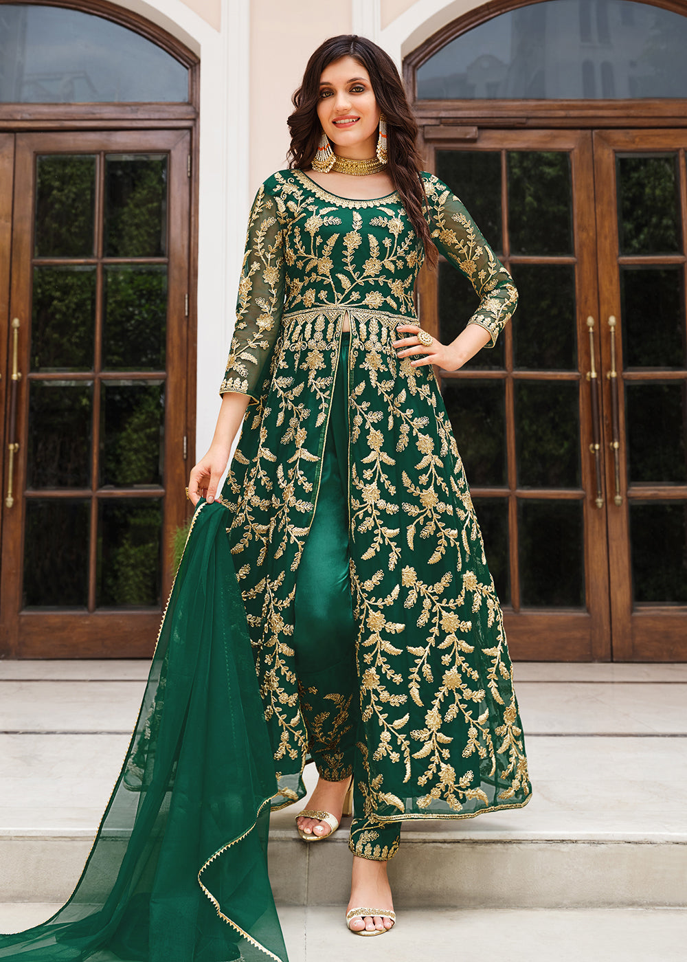 Lovely Bottle Green Designer Front Slit Anarkali Dress Lovely Bottle Green Designer Front Slit Anarkali Dress