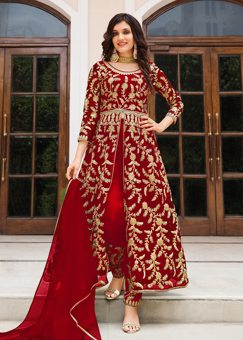 red designer anarkali dress Red And Orange Traditional Embroidery Anarkali Suit L
