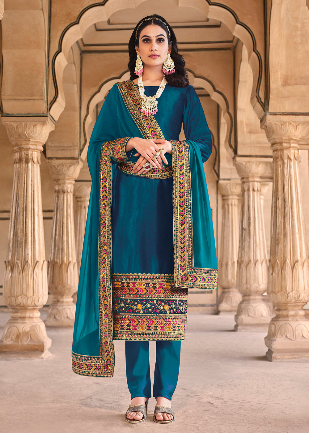 Buy Pant Style Salwar Suit Wedding Festive Velvet Turquoise Suit