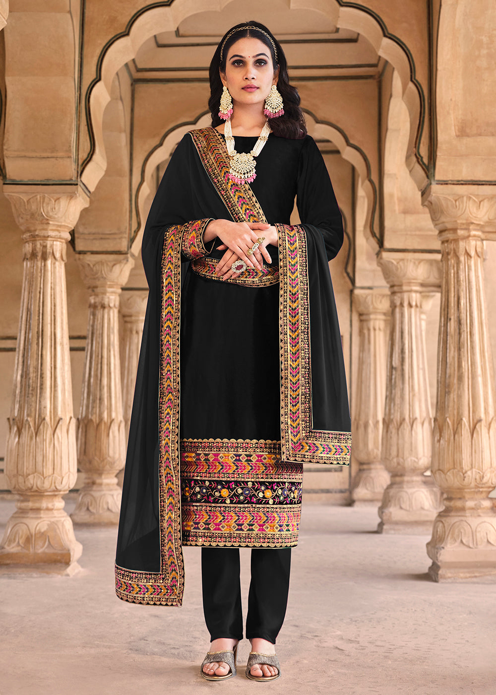Pant Style Suit Embroidered Faux Georgette in Black buy online - Salwar  Kameez