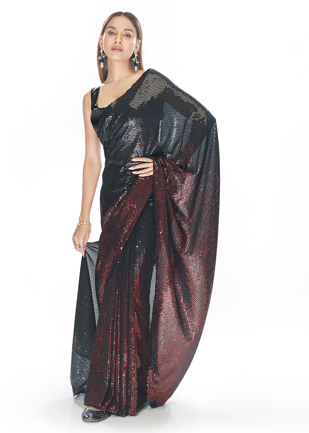 Stiched Red Silk Saree With Red Sequin Blouse – Faash Wear