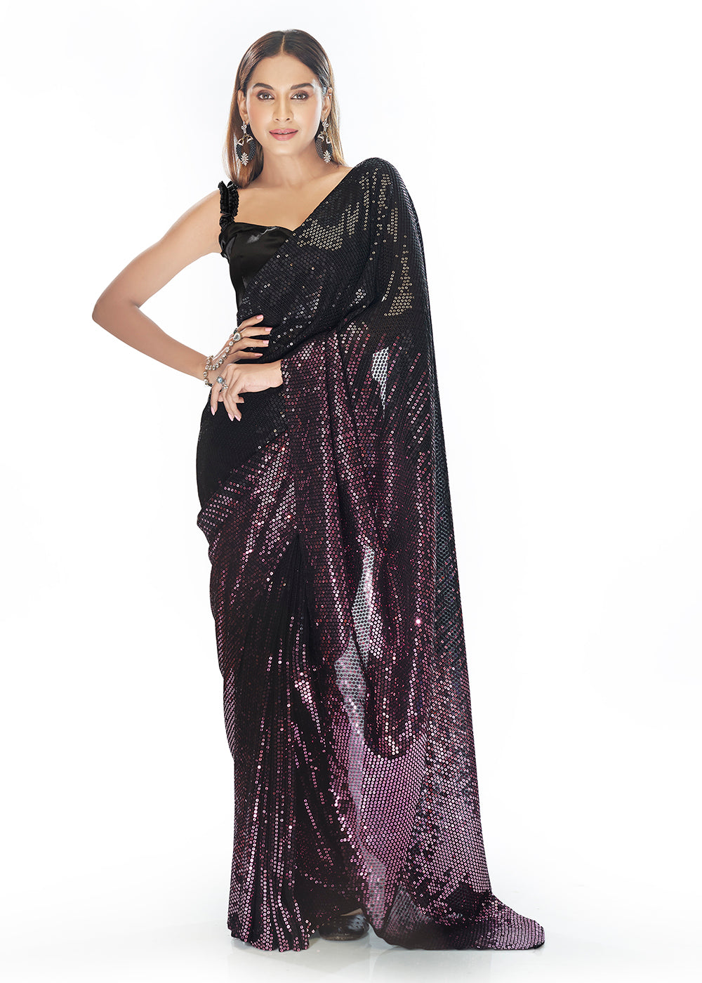 Buy Party Wear Saree Luxe Black Purple Georgette Sequins Saree