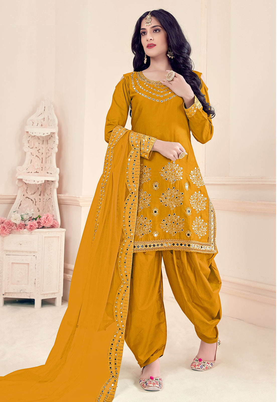 Buy Art Silk Mustard Yellow Suit Embroidered Punjabi Patiala