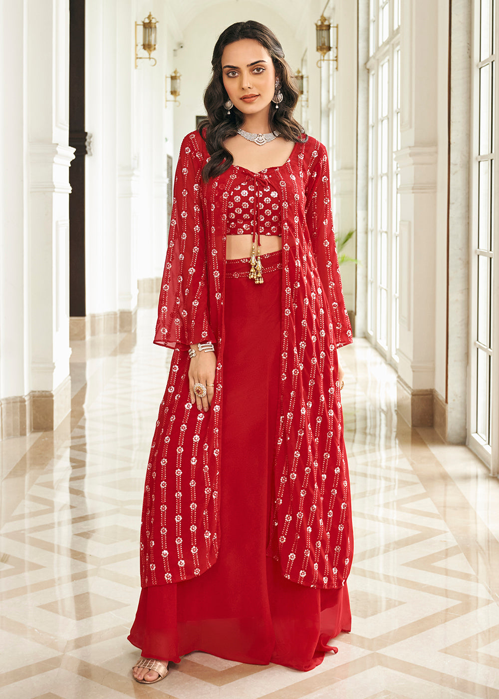Tempting Red Piece Sequins Embroidered Palazzo Suit