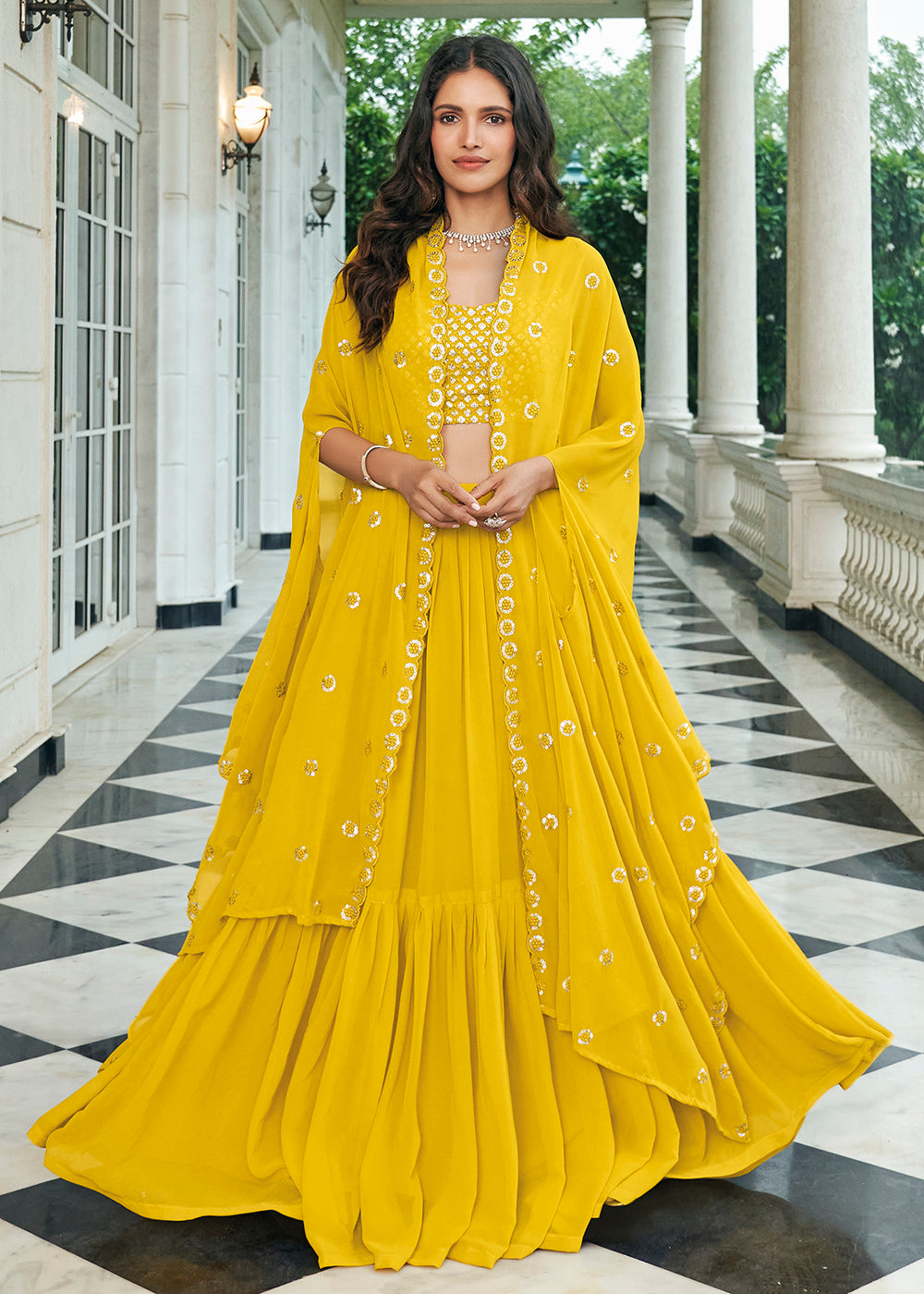 Buy Shrug Style Lehenga Opulent Yellow Sequined Embroidered