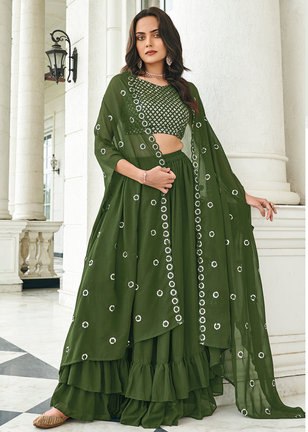 Olive Green Sequined Embroidered Shrug Style Lehenga Choli Olive Green Sequined Embroidered Shrug Style Lehenga Choli