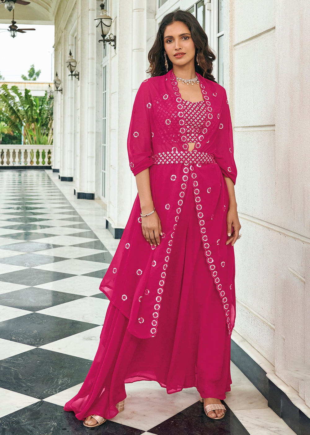 pink dress with shrug Silk Mauve Pink Floor Length Suit With Shrug