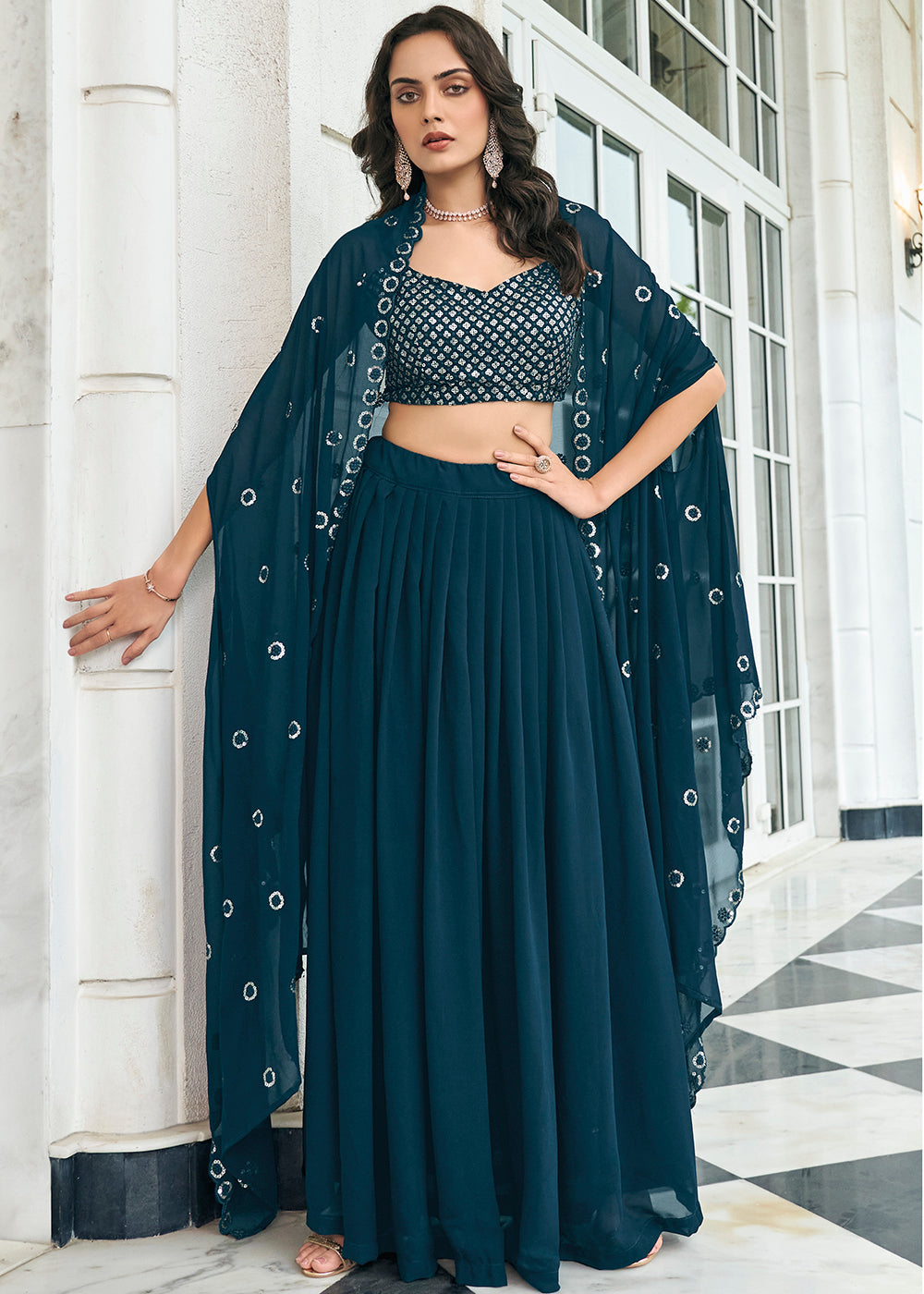 Lovable Navy-Blue Sequined Embroidered Shrug Style Lehenga Choli