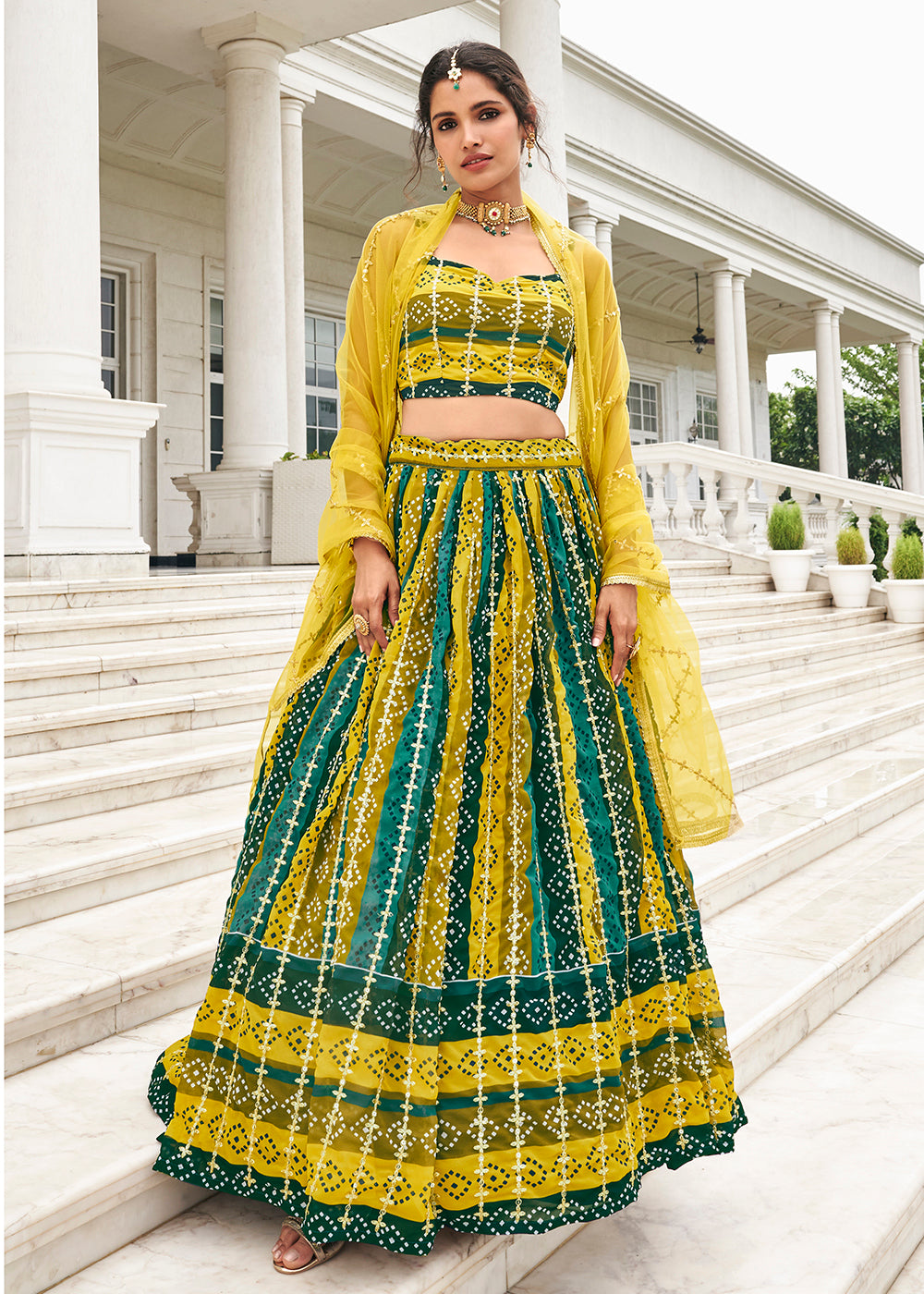 Superb Green & Yellow Bandhani Printed Wedding Lehenga Choli Superb Green & Yellow Bandhani Printed Wedding Lehenga Choli
