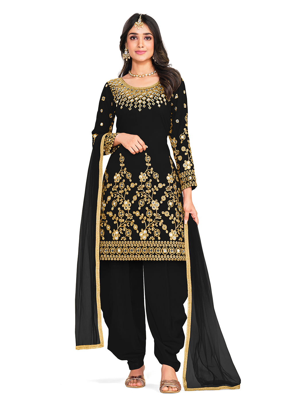 Buy Patiala Salwar Suit Punjabi Style Black Silk Mirror Work
