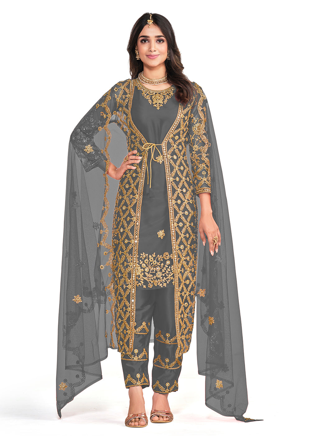 Festive Salwar Suit Koti Style Coveted Grey Patterned Salwar