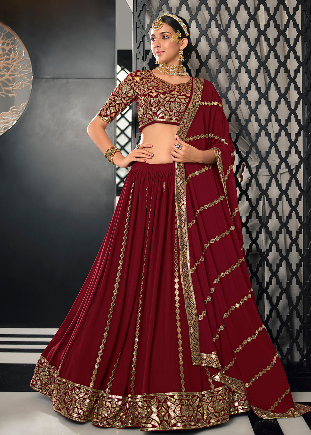 Buy Bridesmaid Lehenga Georgette Fabric Creative Maroon Lehenga