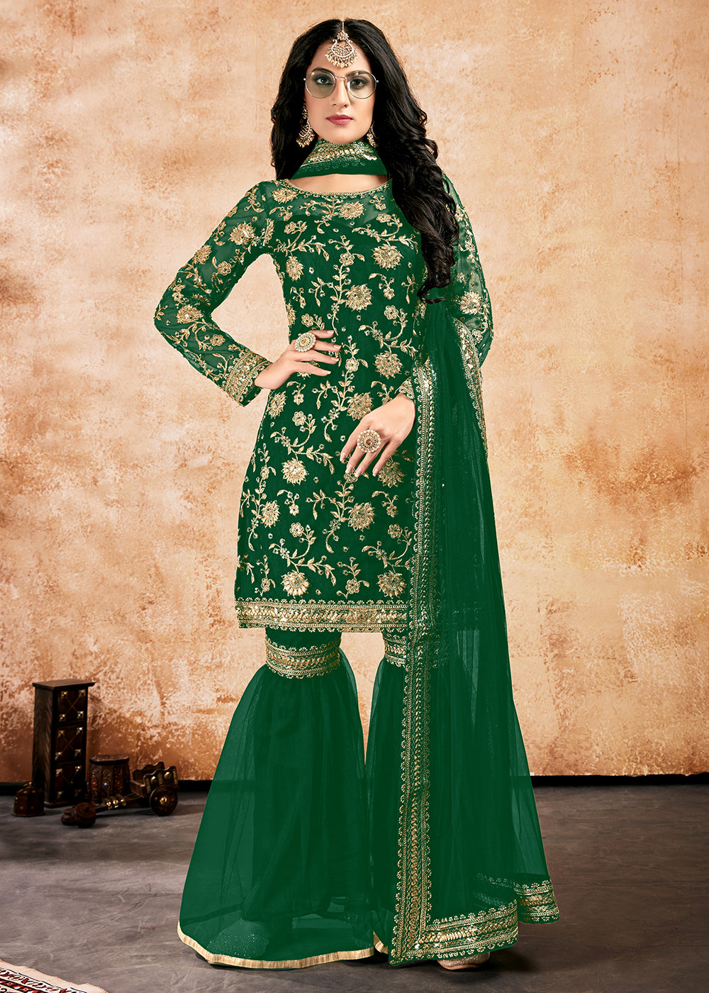 green emerald velvet dress Luxury Embroidered Bottle Green Cotton Dress with Bamber Chiffon Dupat –  DressyZone.com