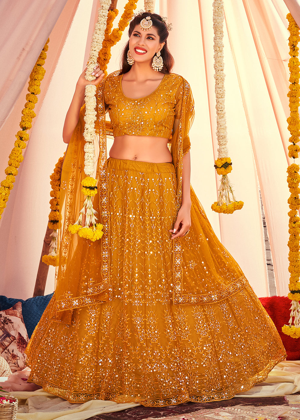 Superior Mustard Sequined Wedding Function Wear Lehenga Choli