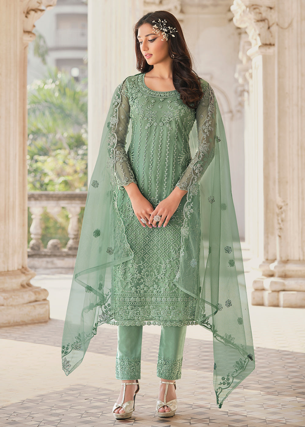 Buy Cording Embroidered Mint Green Suit Designer Salwar Kameez