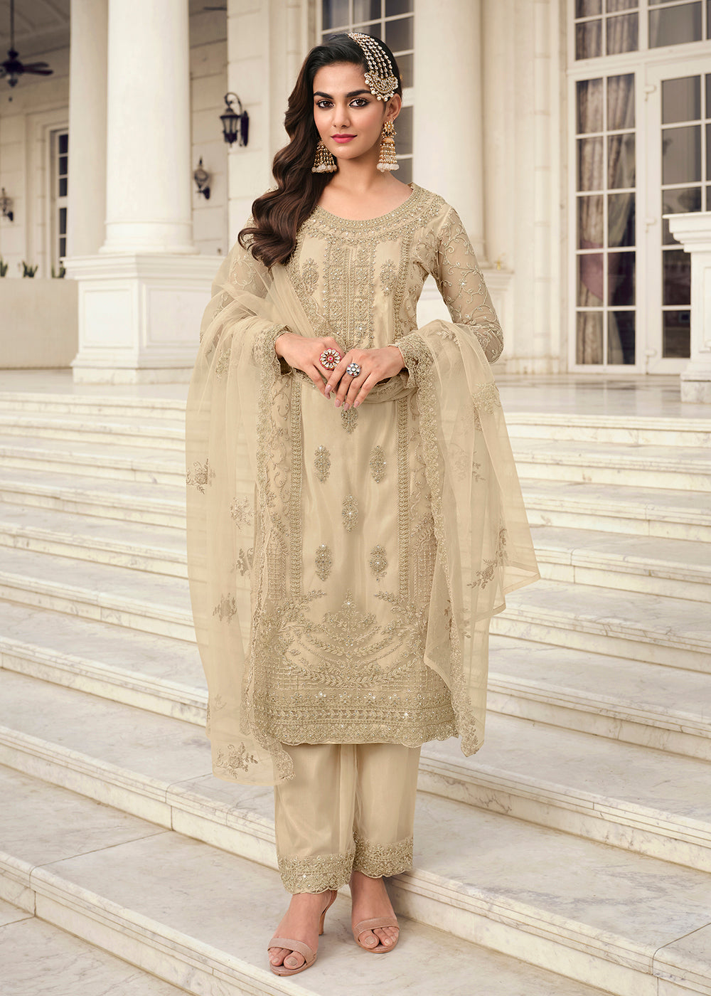Divine Off White & Gold Embroidered Pant Style Salwar Suit Divine Off White & Gold Embroidered Pant Style Salwar Suit
