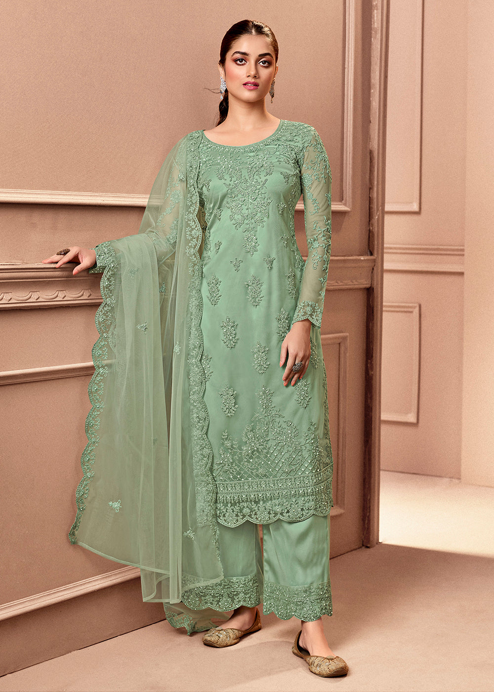 Buy Wedding Salwar Suit Pant Style Green Embroidered Salwar Suit
