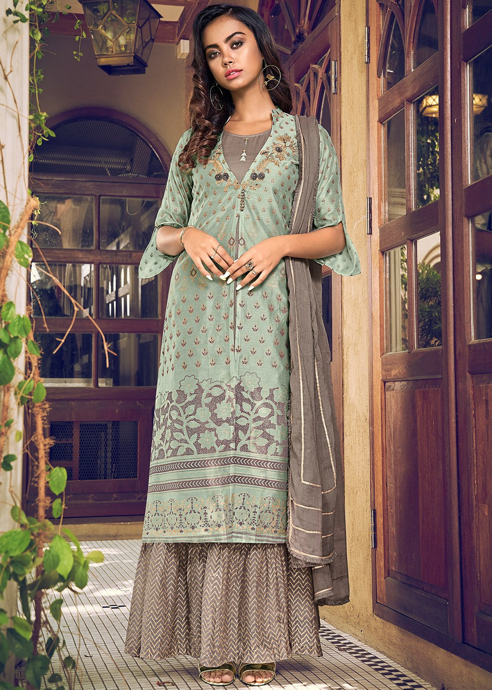 Grey Color Embroidered Designer Net Palazzo Suit main image 1