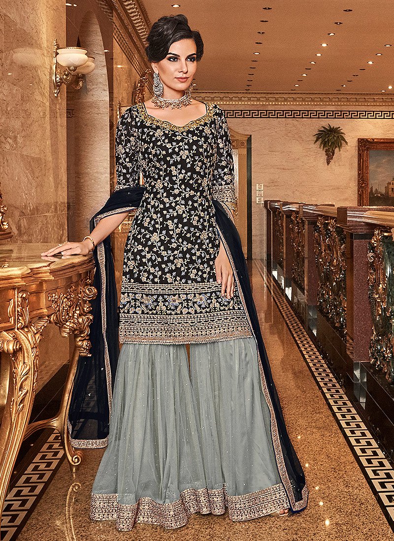 Gorgeous Black Floral Embroidered Straight Cut Sharara Suit Gorgeous Black Floral Embroidered Straight Cut Sharara Suit