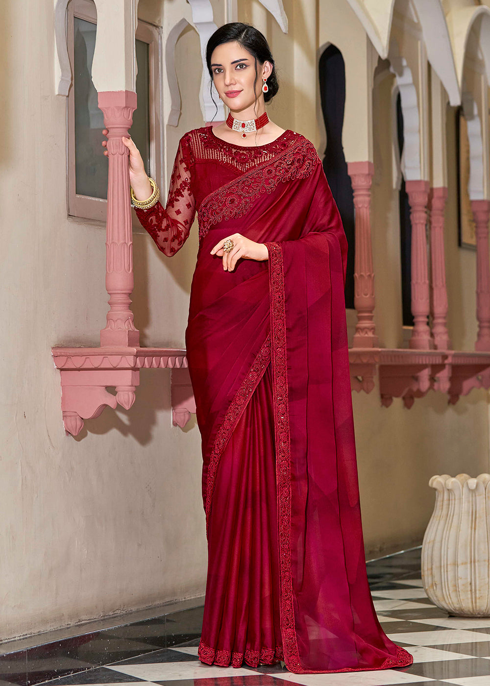 red dress saree Shyamangi Embroidered Silk Saree