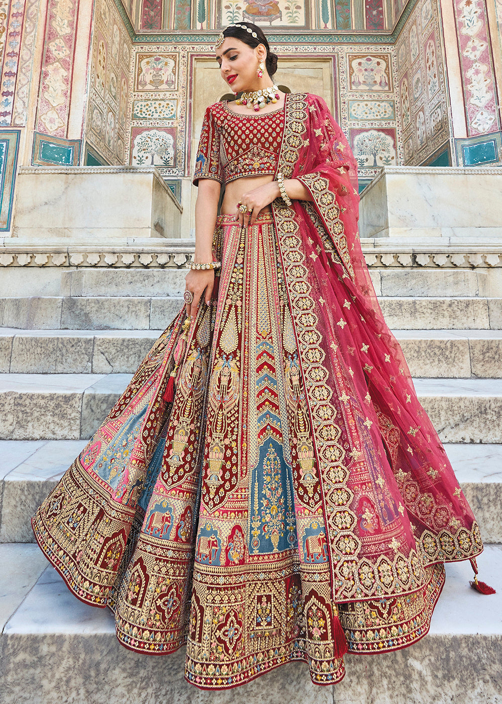 Buy Silk Lehenga Multicolor Maroon Bridal Wear Embroidered