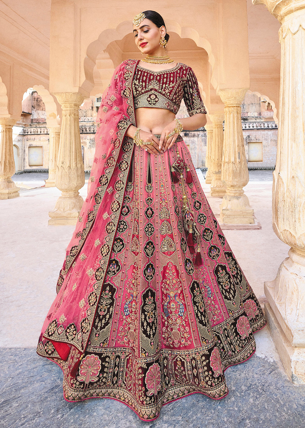Buy Silk Lehenga Pink Maroon Bridal Wear Embroidered Lehenga